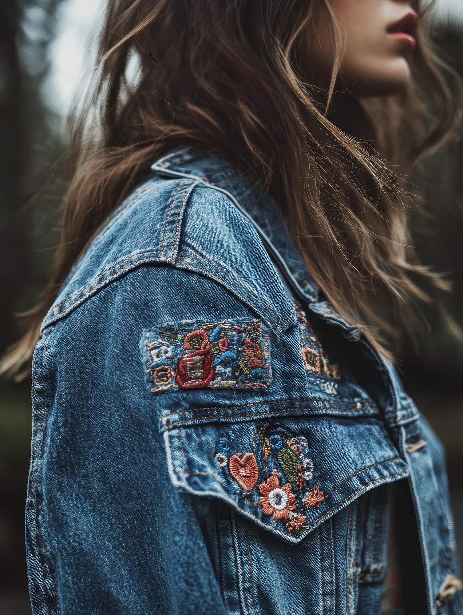 Embroidered denim patch on jacket sleeve
